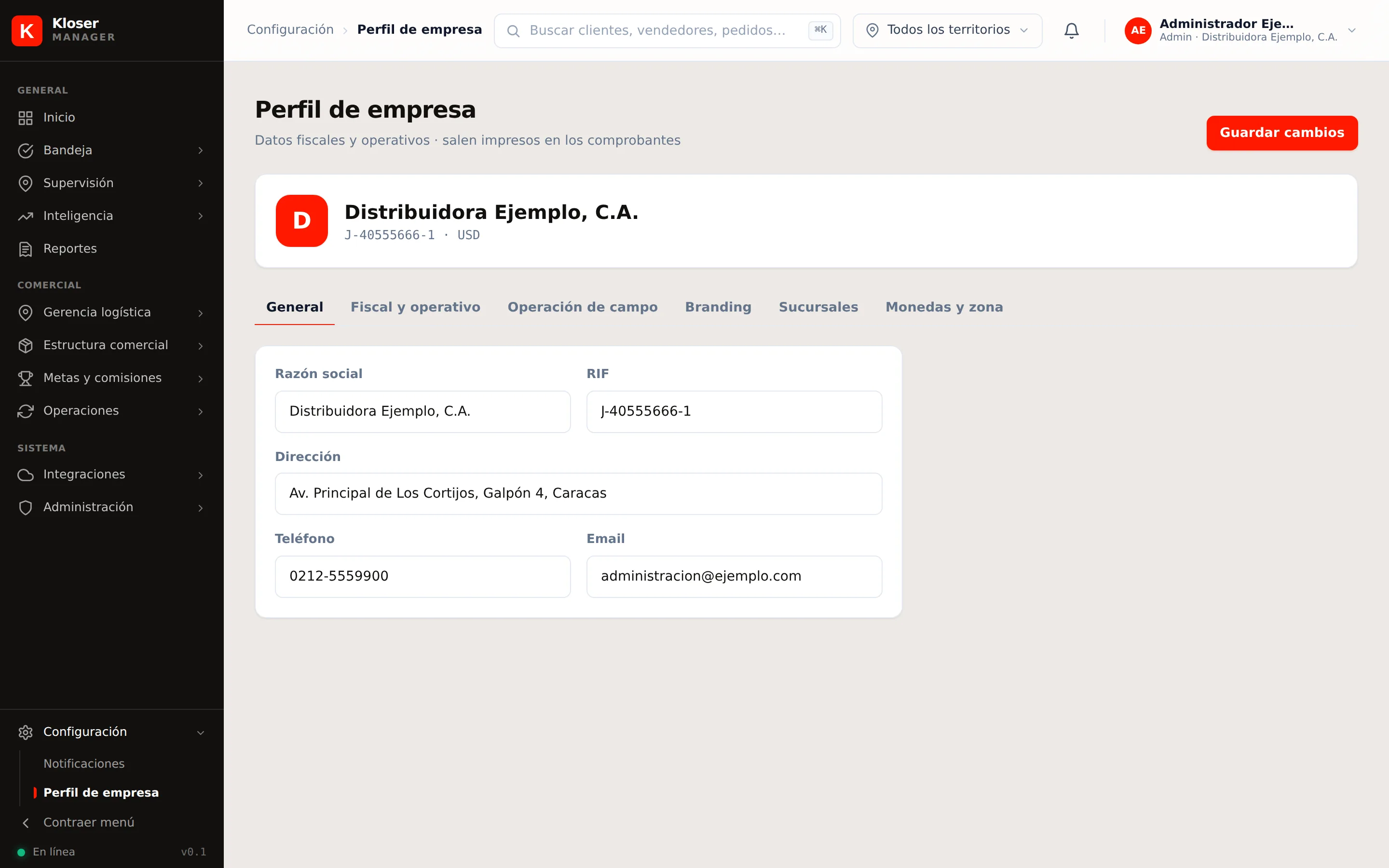 La pestaña General del perfil de empresa
