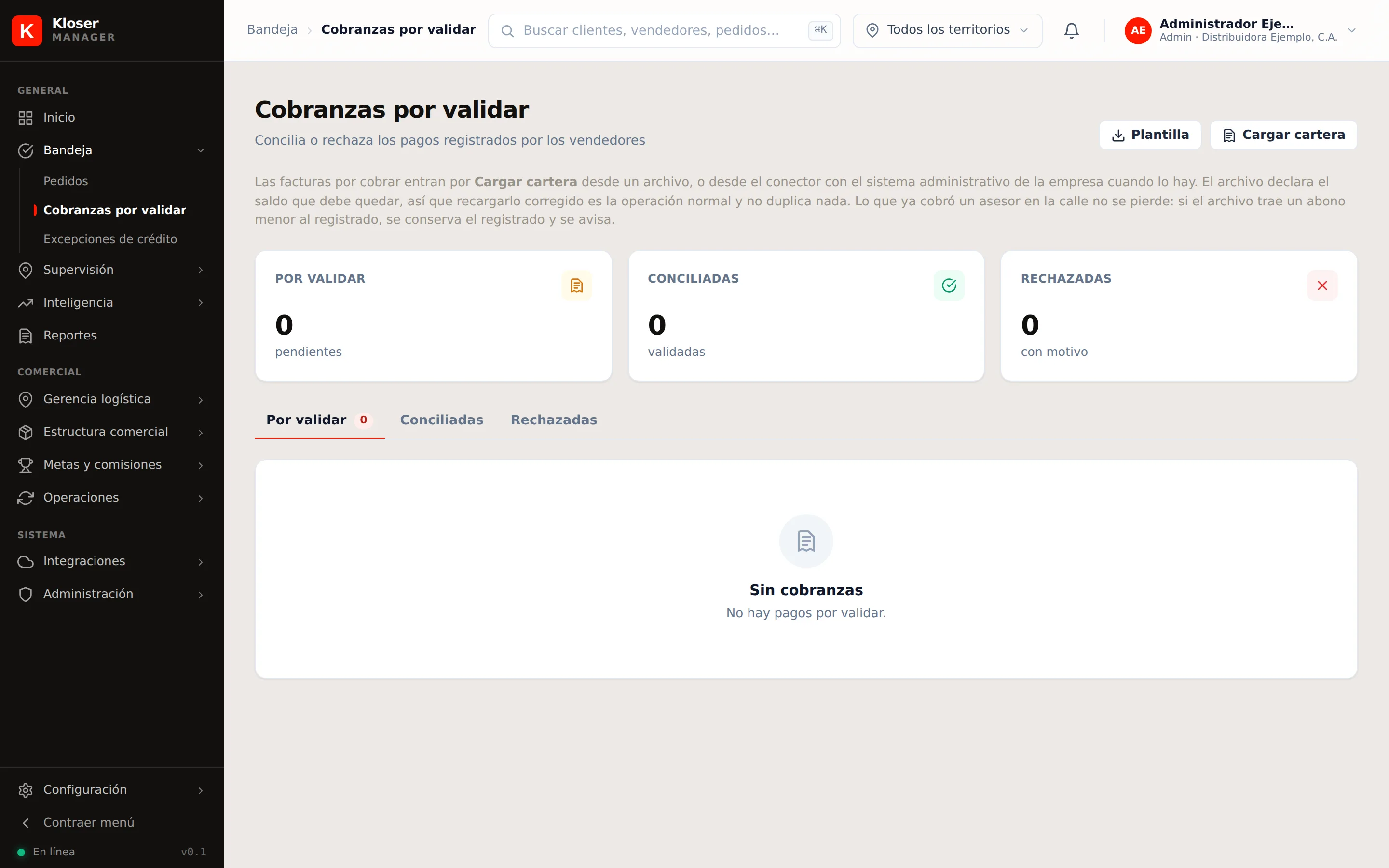La pantalla de cobranzas, con la explicación y las acciones
