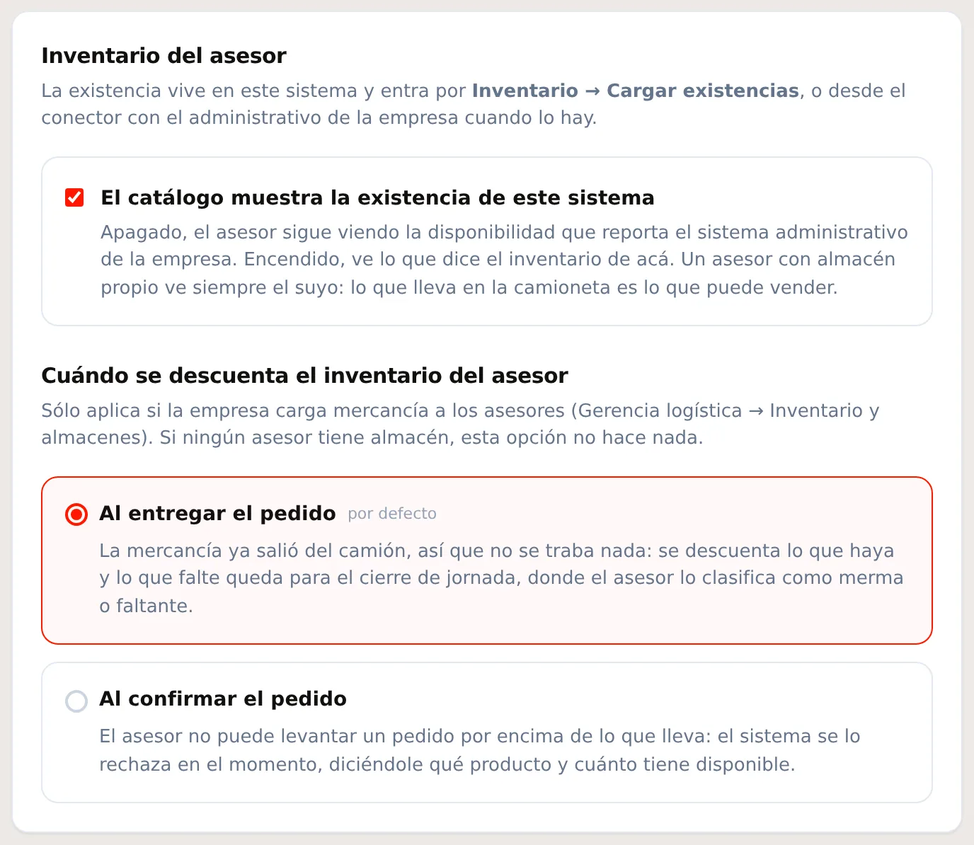 La configuración del inventario del asesor