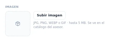 El bloque Imagen en la ficha, todavía vacío, con el botón Subir imagen