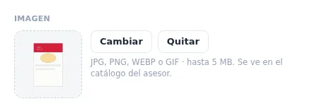 El bloque Imagen con la foto cargada y los botones Cambiar y Quitar