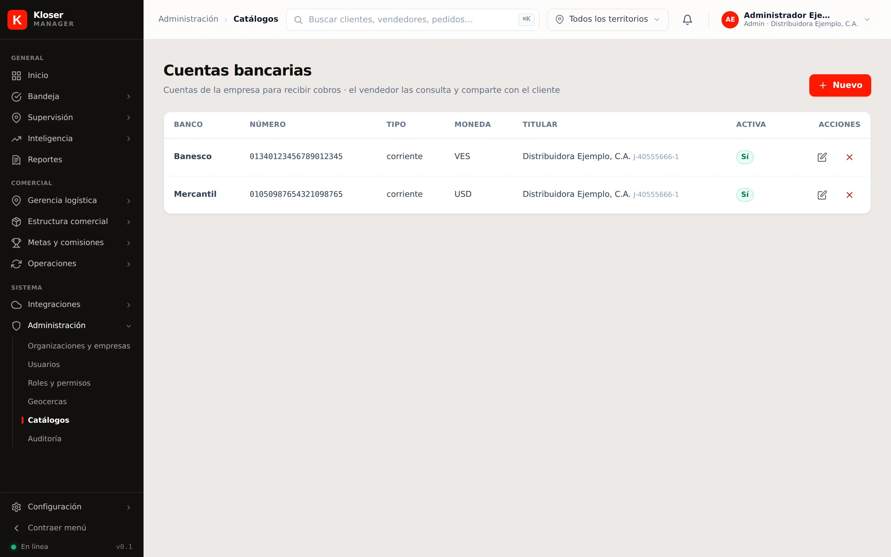 La pantalla de cuentas bancarias