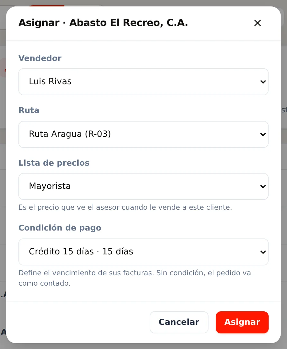 La condición de pago en la ventana Asignar del cliente