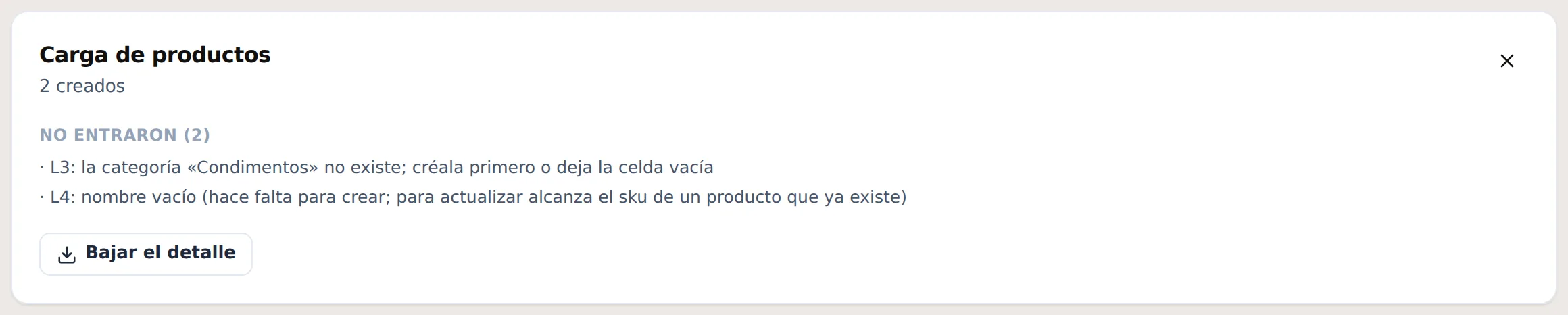 Panel de resultado con dos filas rechazadas