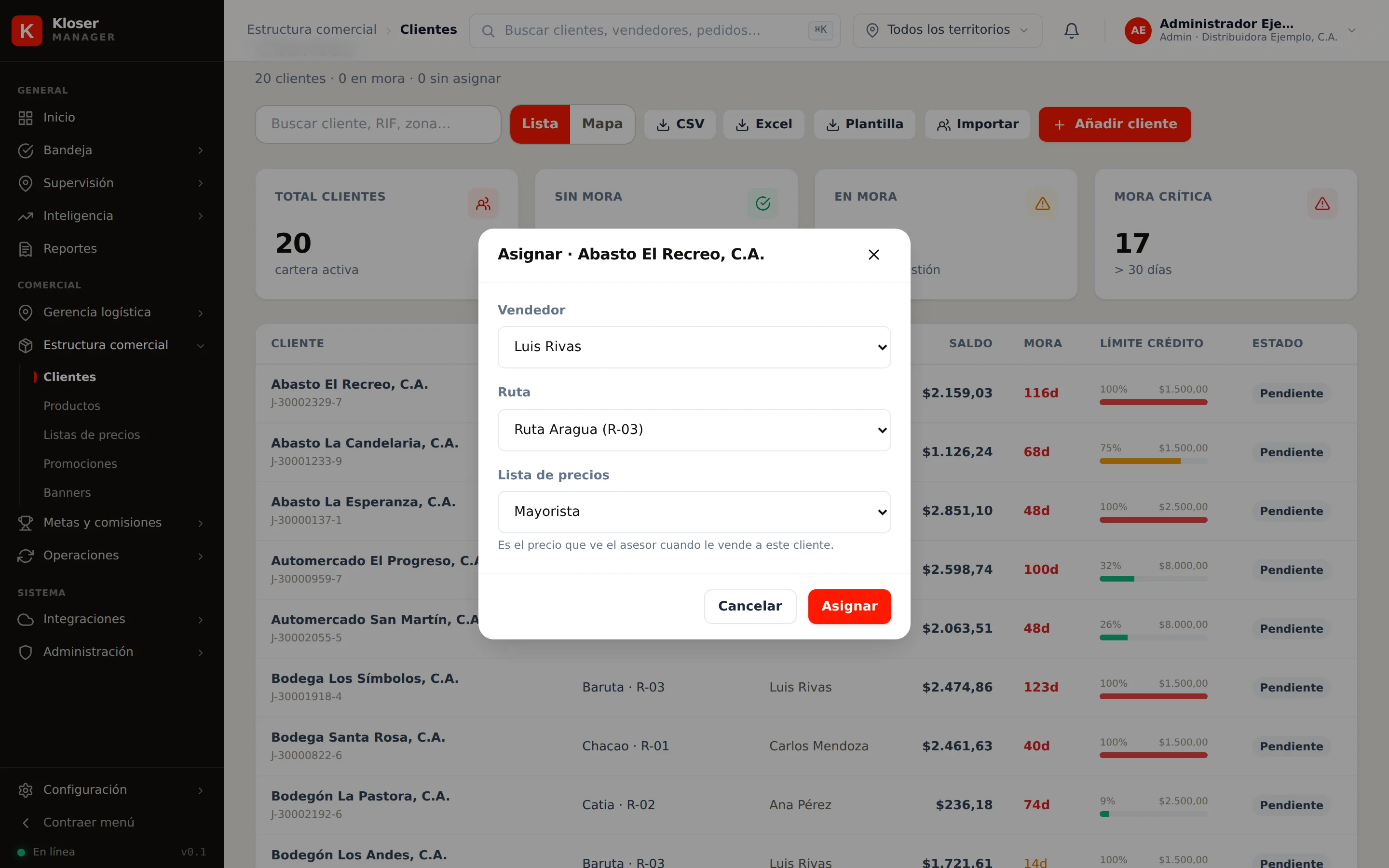 El modal de asignación, con la lista de precios