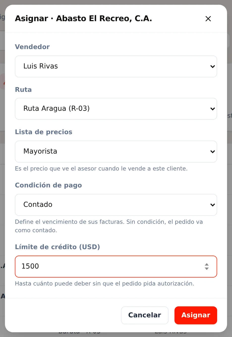 El límite de crédito en la ventana Asignar
