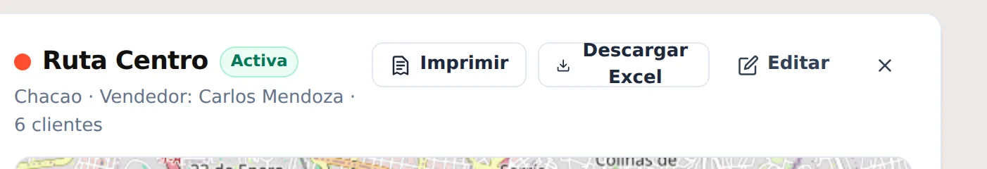 Los botones Imprimir y Descargar Excel de la ruta