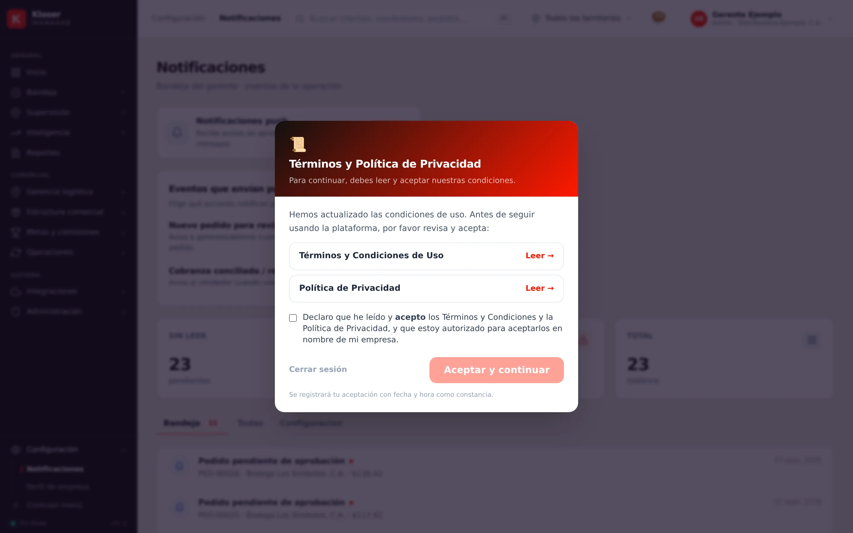 La bandeja de notificaciones del gerente