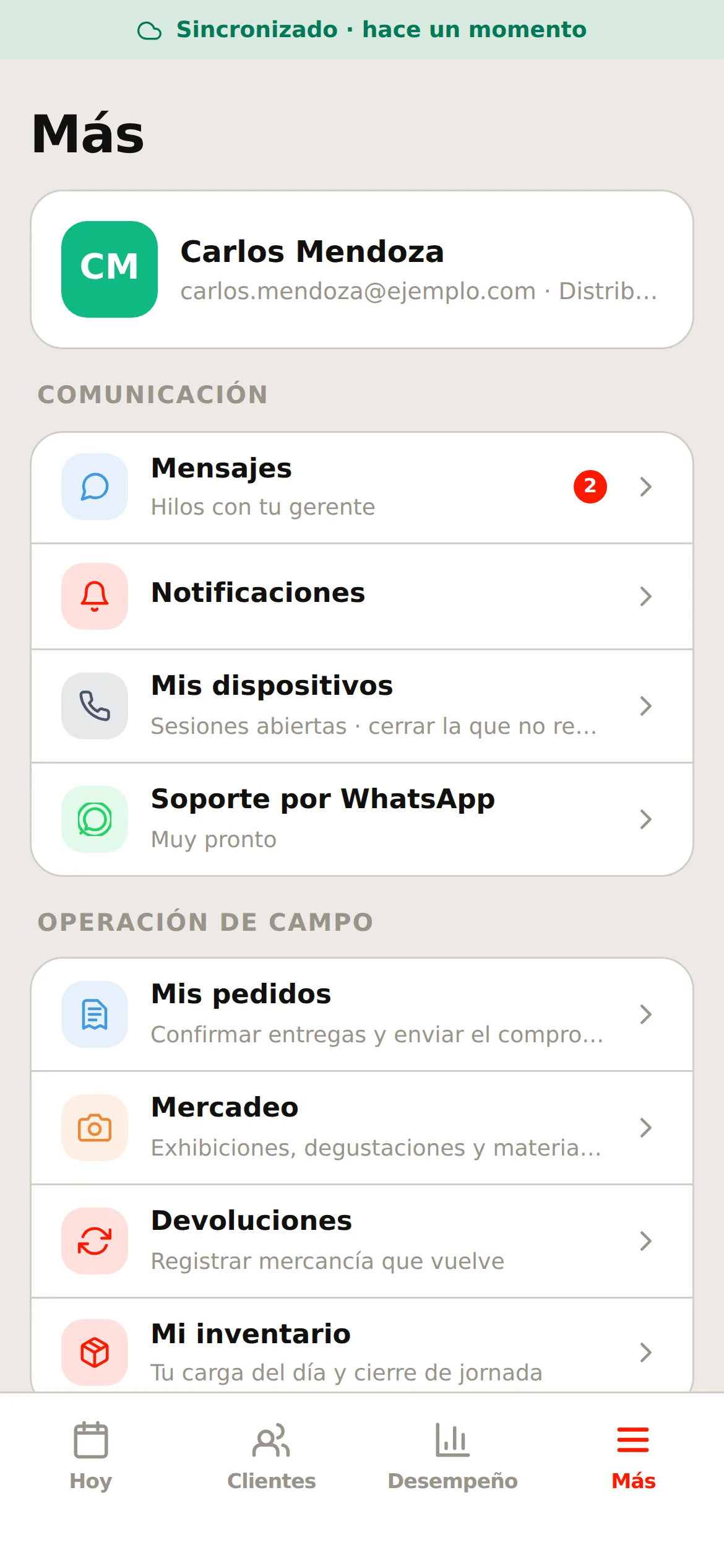La pantalla «Más», con todo lo que hay disponible