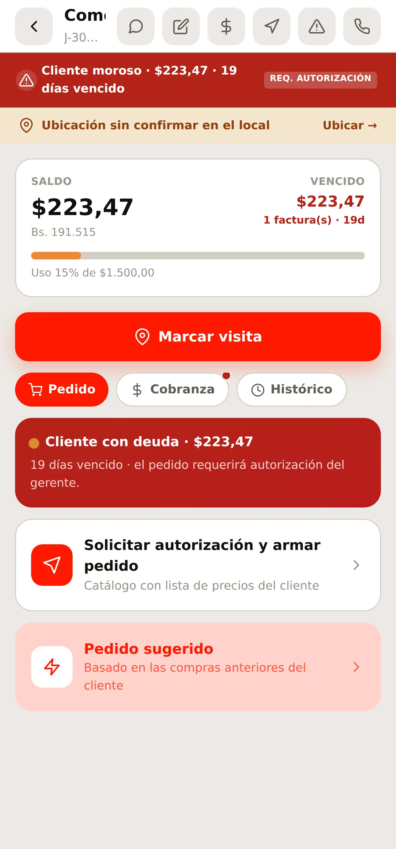 La franja «Tienda sin ubicar» en la ficha