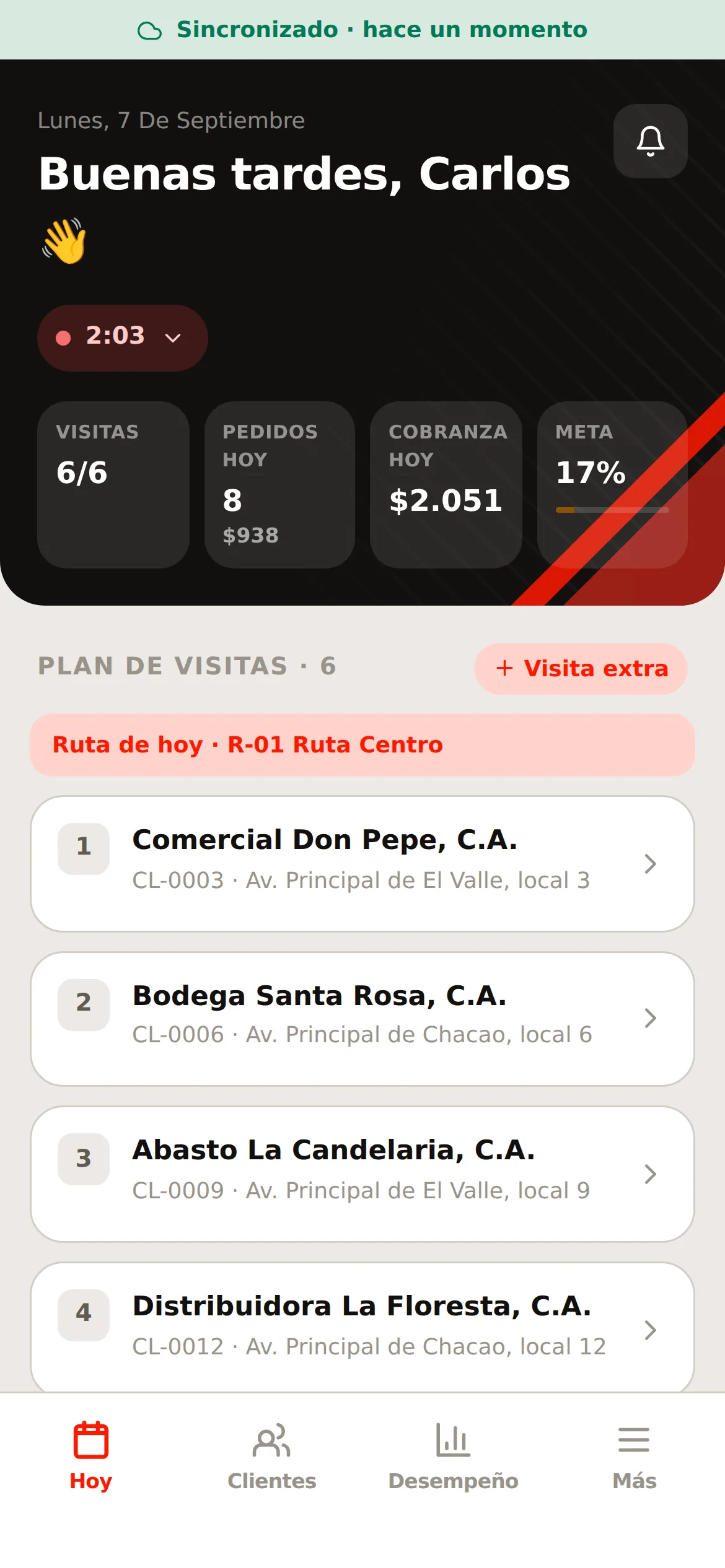La pantalla Hoy, con la ruta del día