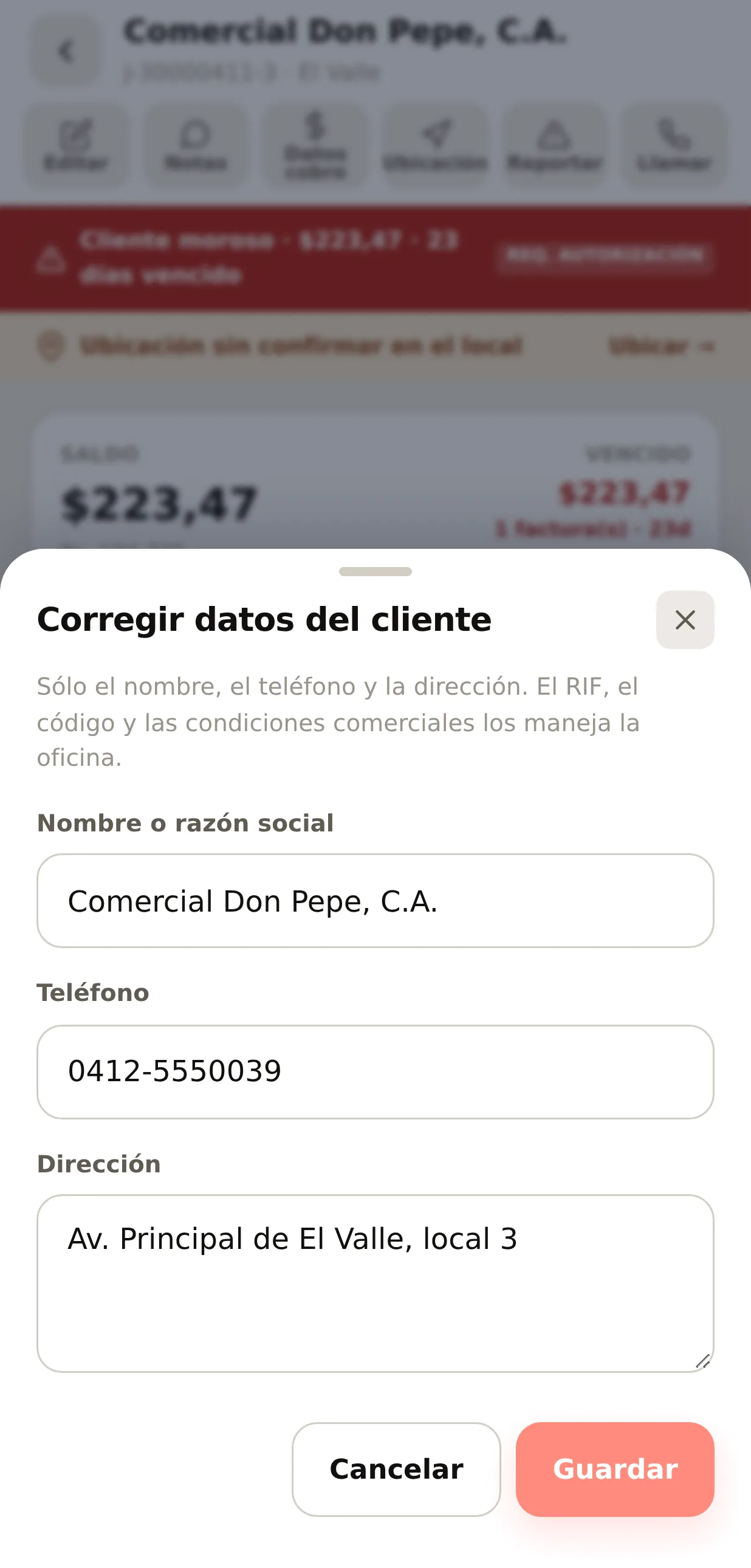 Corregir datos del cliente