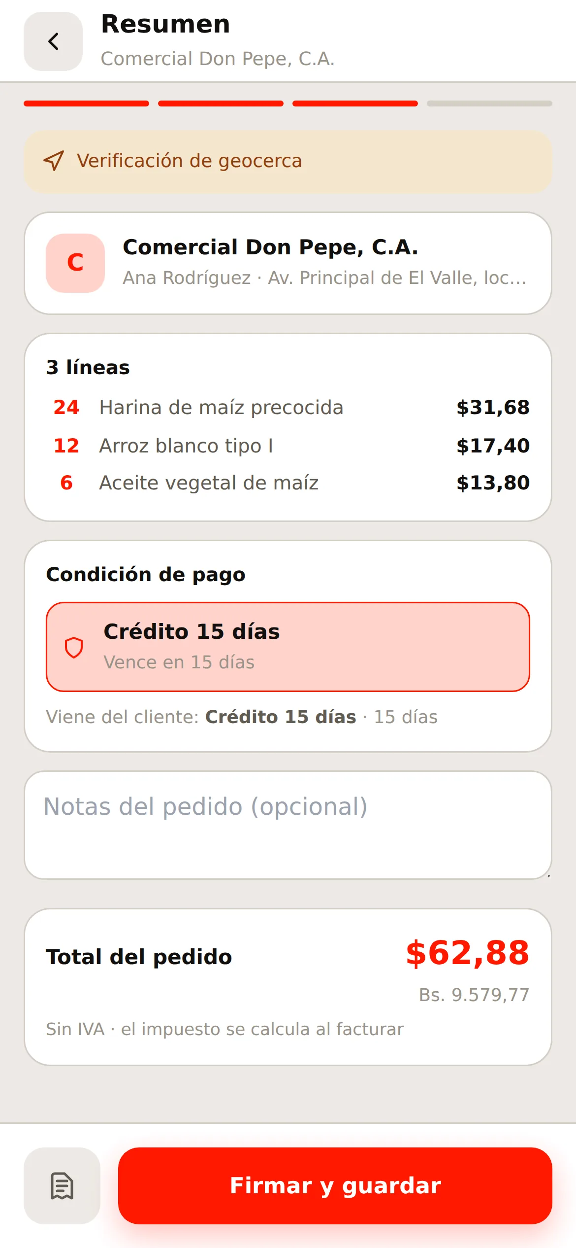 El resumen del pedido con la condición de pago