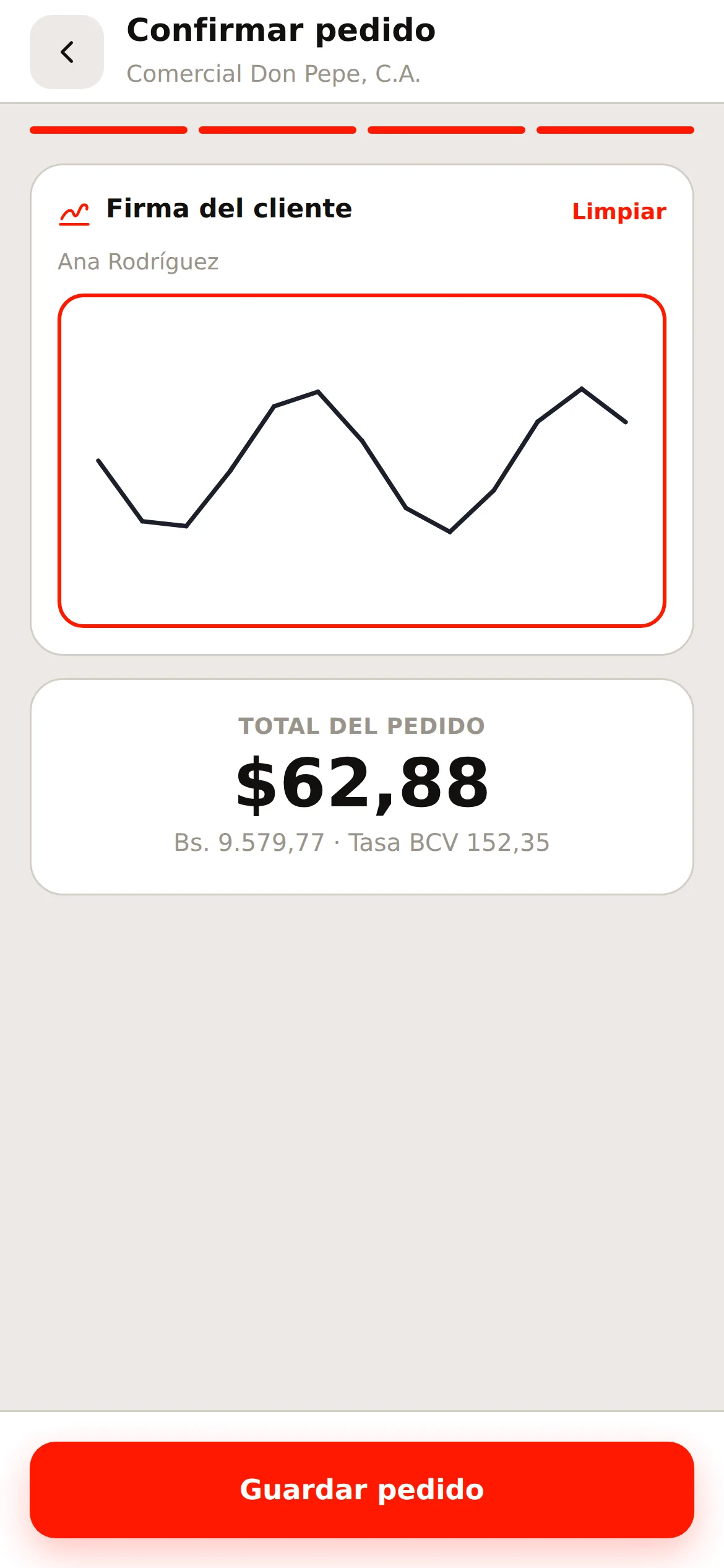 La pantalla de firma del cliente
