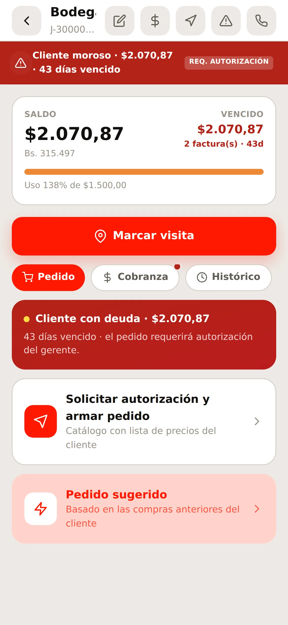 La ficha de un cliente en mora