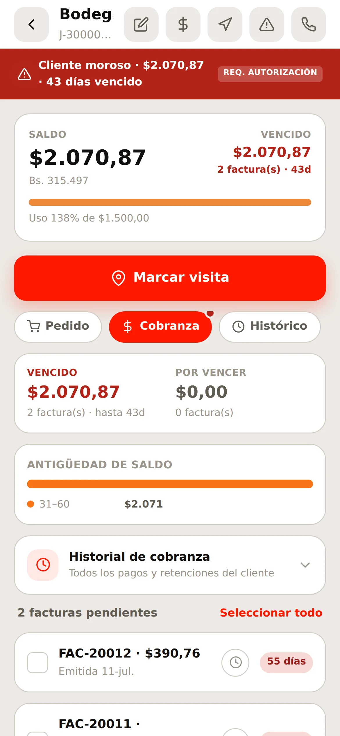 La pestaña de cobranza del cliente