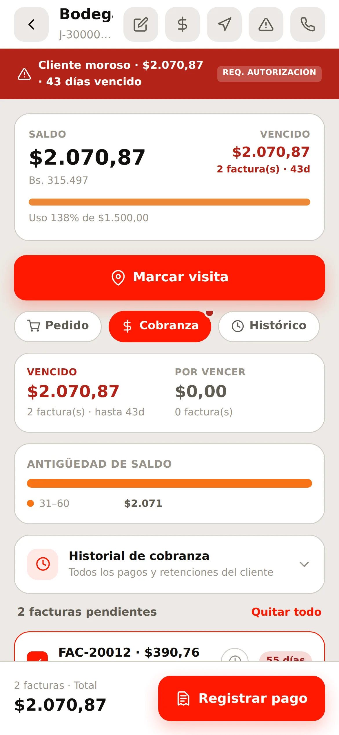Las facturas seleccionadas y el total
