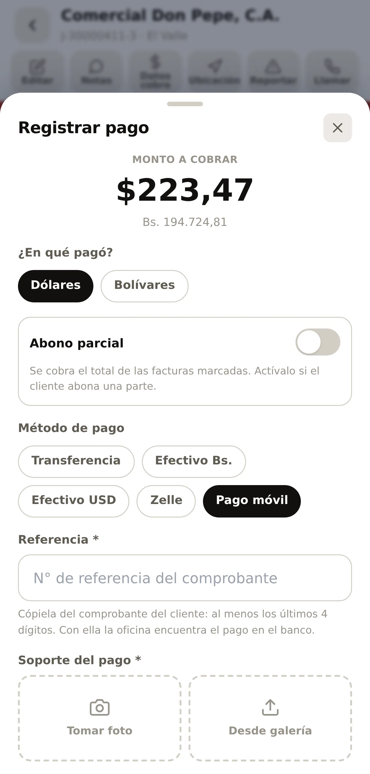 La hoja de registrar el pago