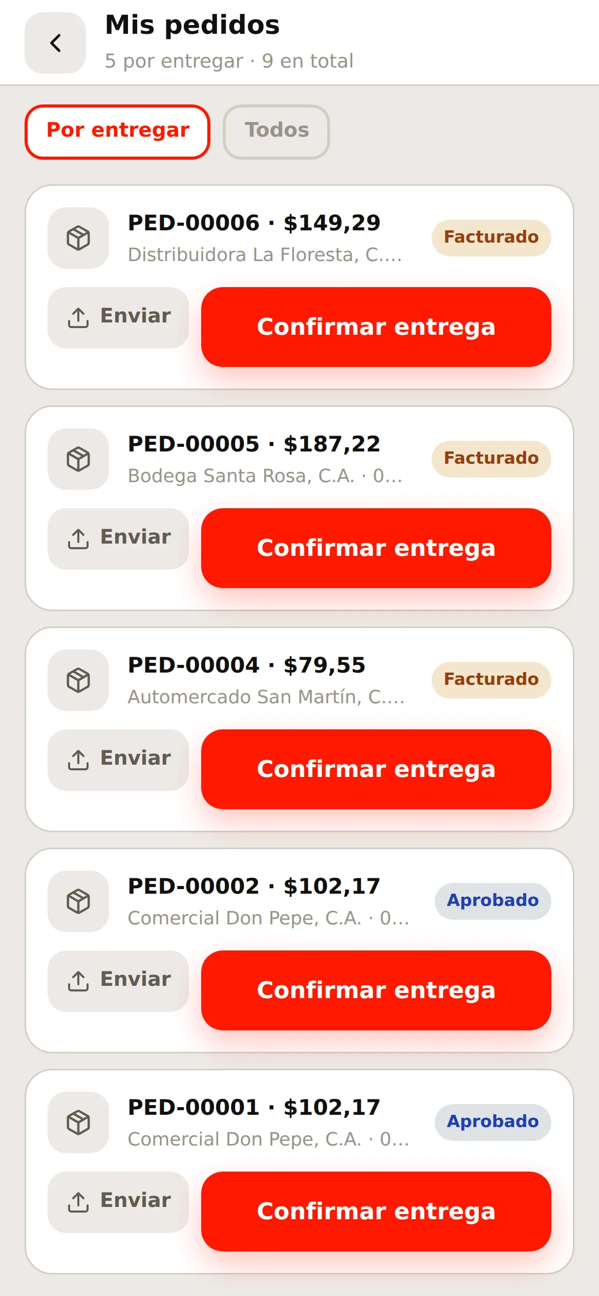 El botón Enviar en la lista de mis pedidos