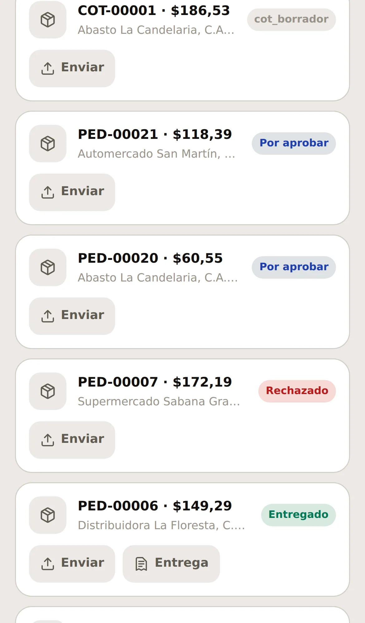 El botón Entrega junto a Enviar, en un pedido entregado