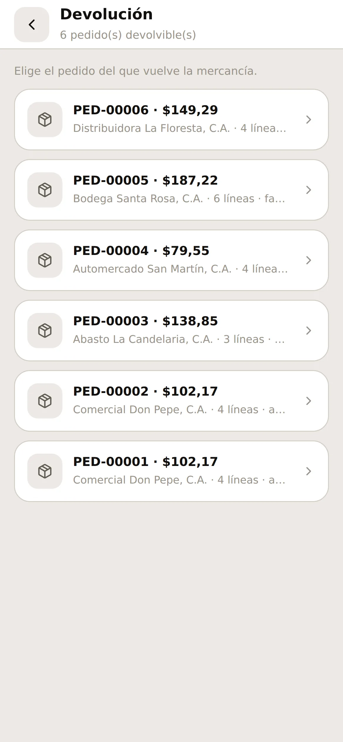 La lista de pedidos devolvibles