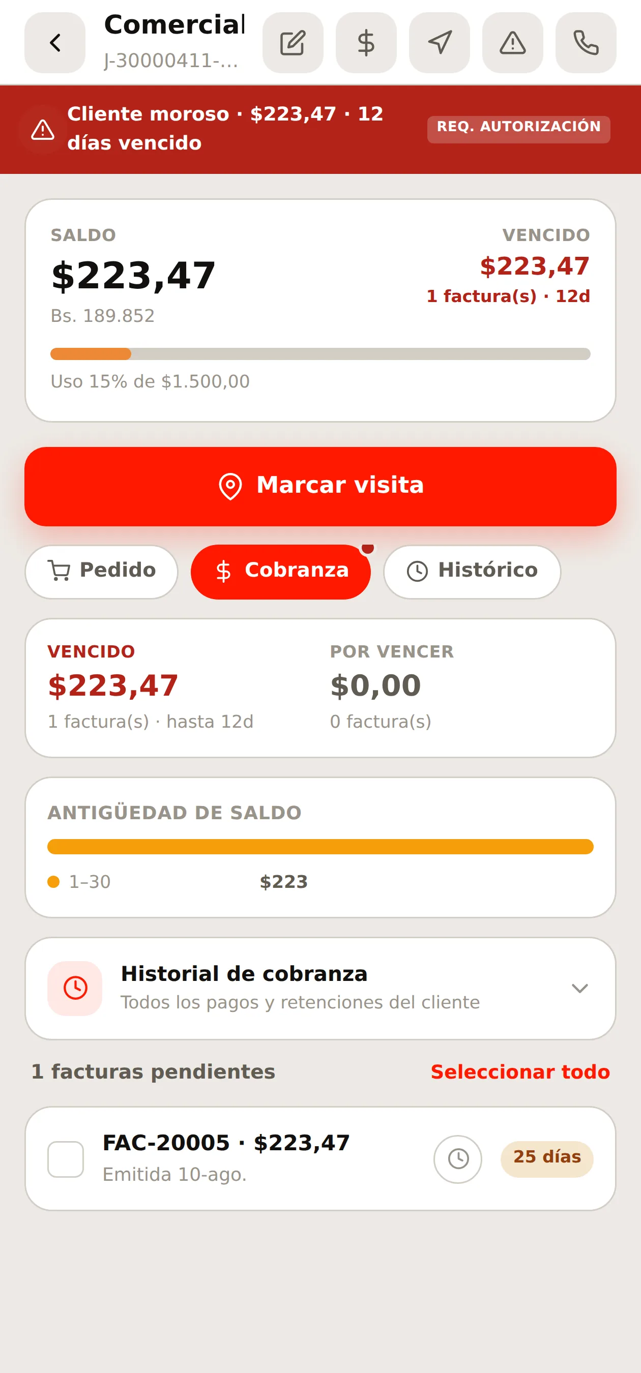 La pestaña Cobranza del cliente